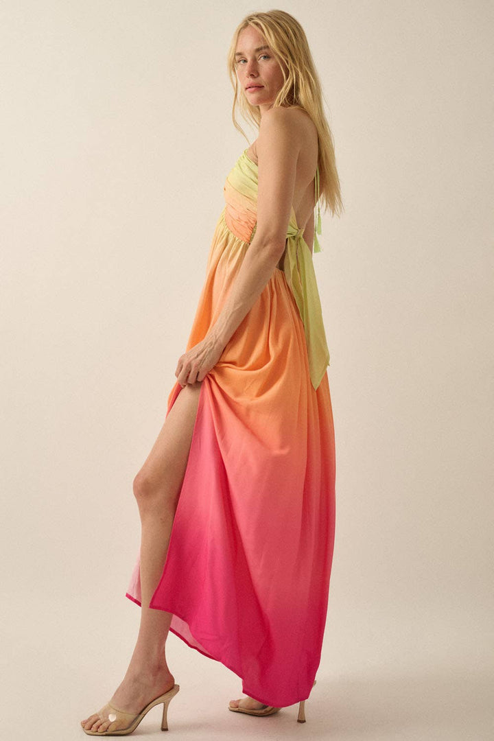 Fresh Ombre Crepe Tie-Back Halter Pocket Maxi Dress