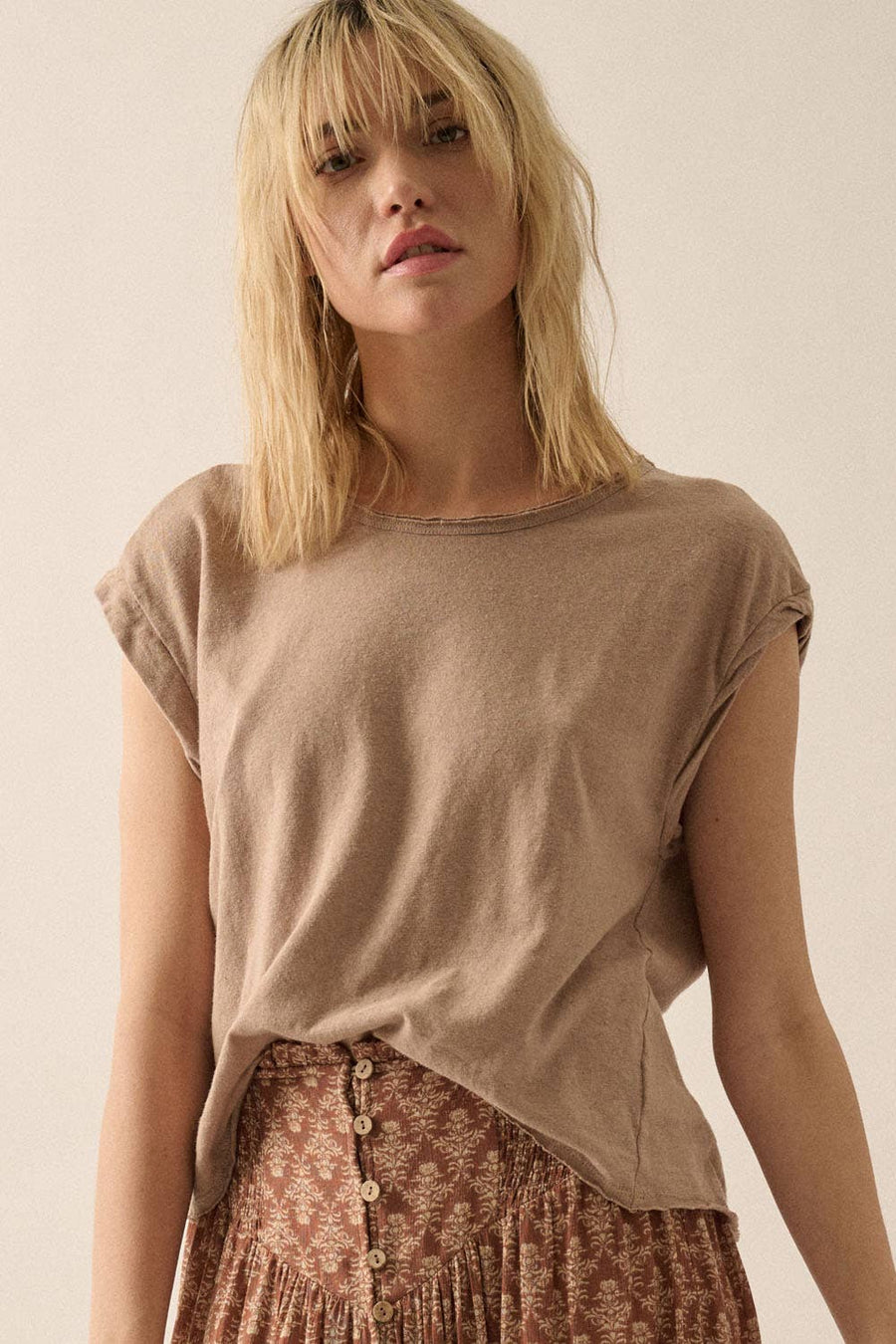 Amory Raw-Edge Knit Tee - Taupe / S - T-shirts