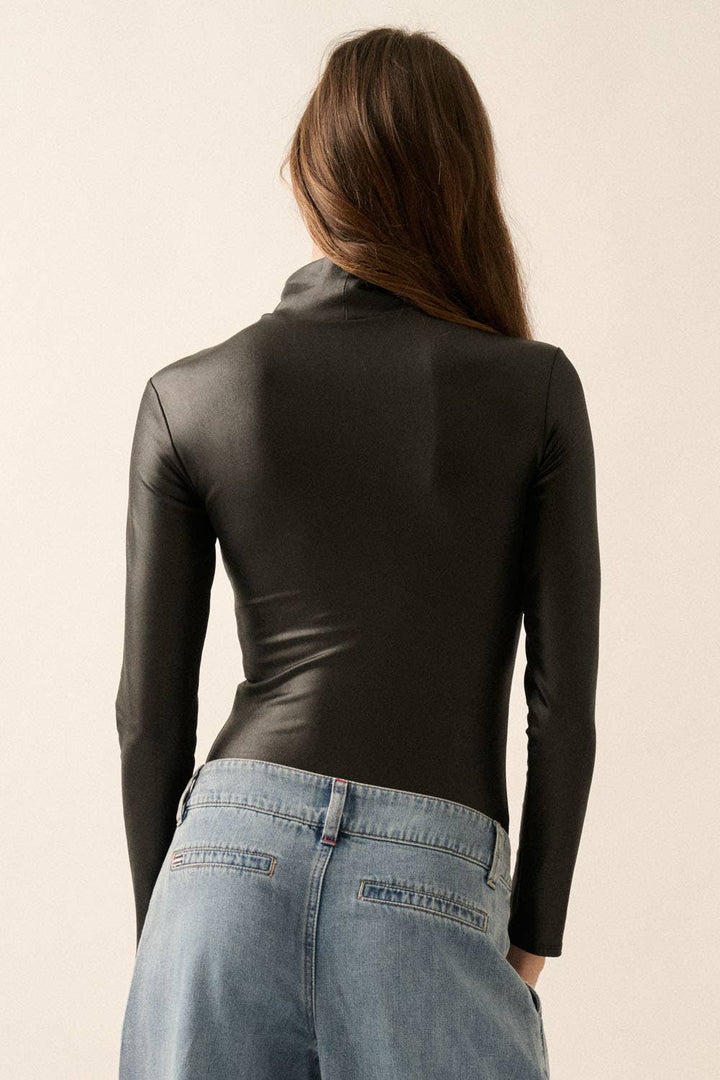 Aspen Faux Leather Wet-Look Mock-Neck Bodysuit - Tops