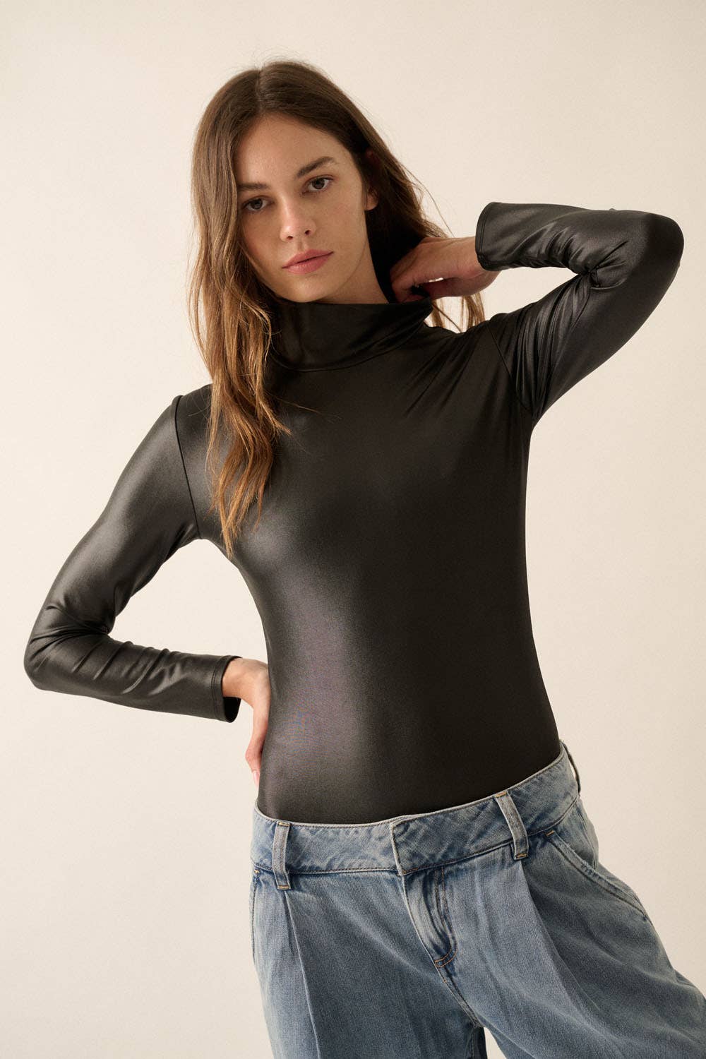 Aspen Faux Leather Wet-Look Mock-Neck Bodysuit - Tops