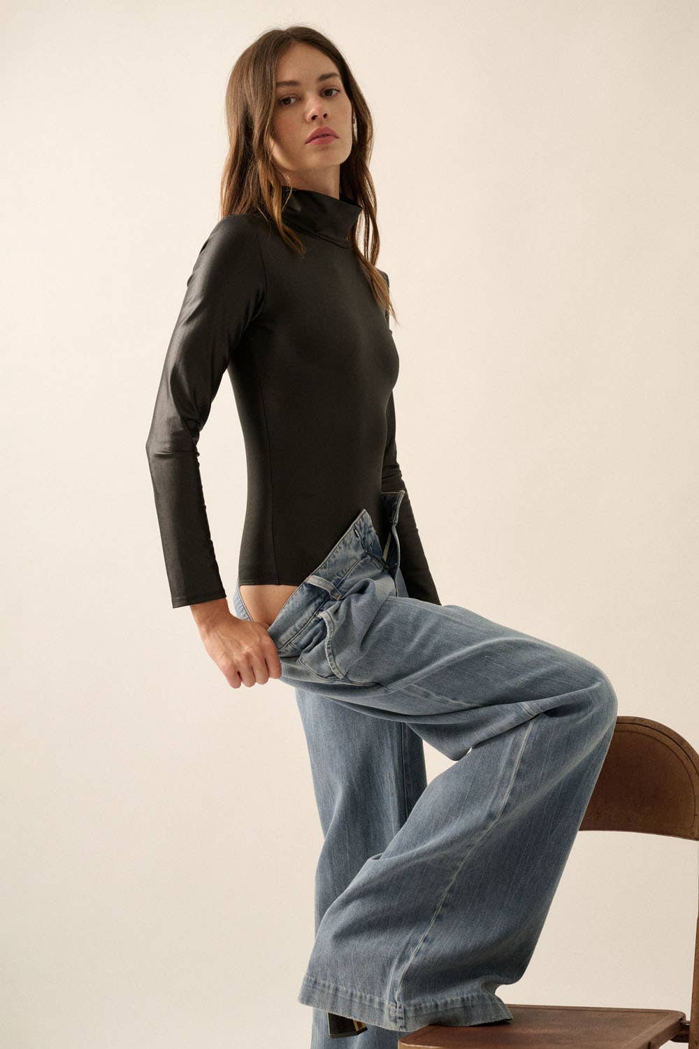 Aspen Faux Leather Wet-Look Mock-Neck Bodysuit - Tops
