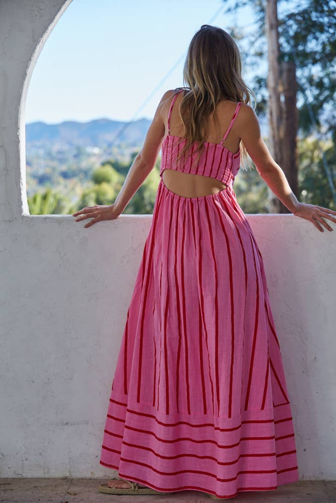 Just Pink Woven Cotton Striped Square Flare Midi Dress