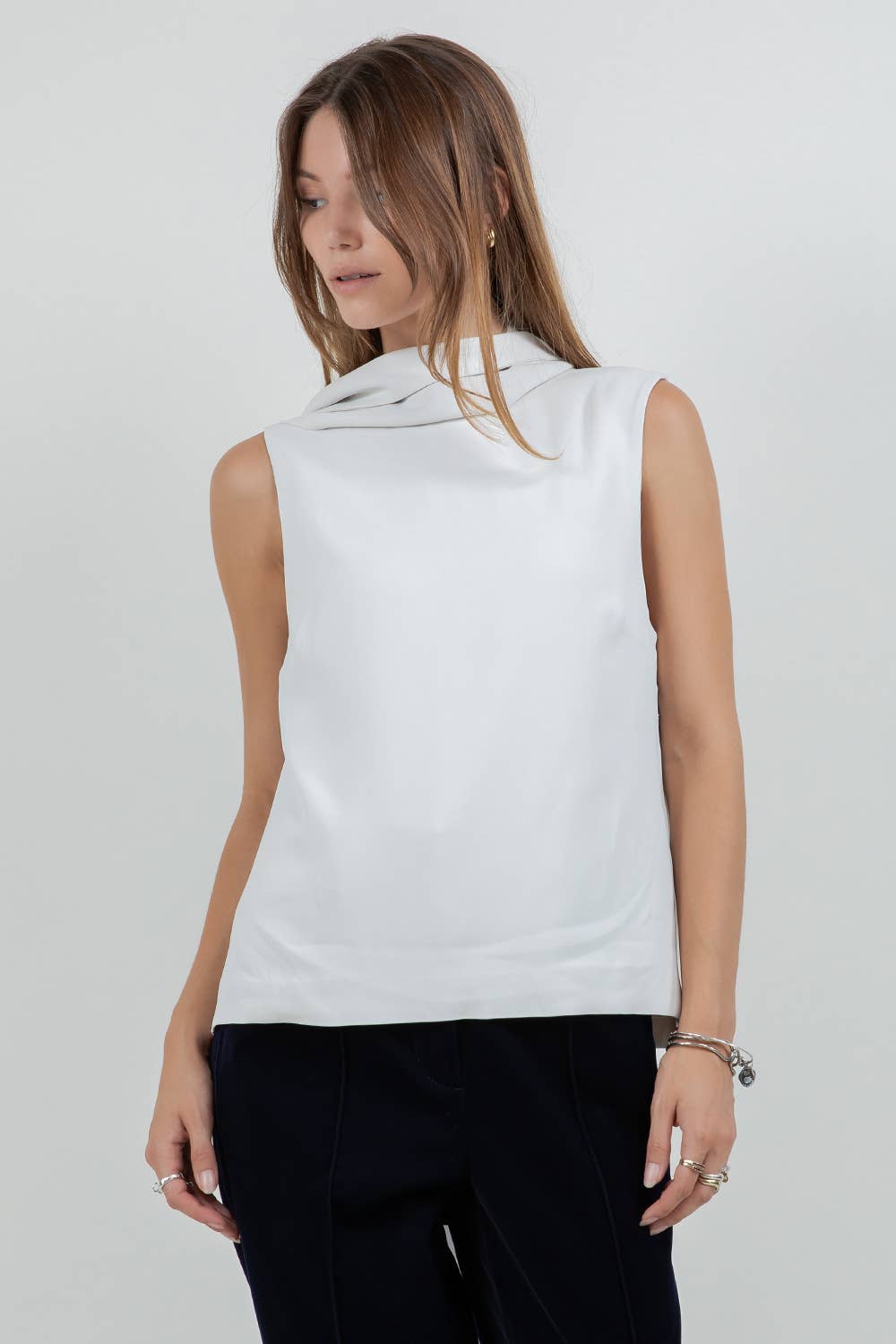 ELEGANCE SCARF ATTACHED SOFT WOVEN SLEEVELESS BLOUSE - STONE