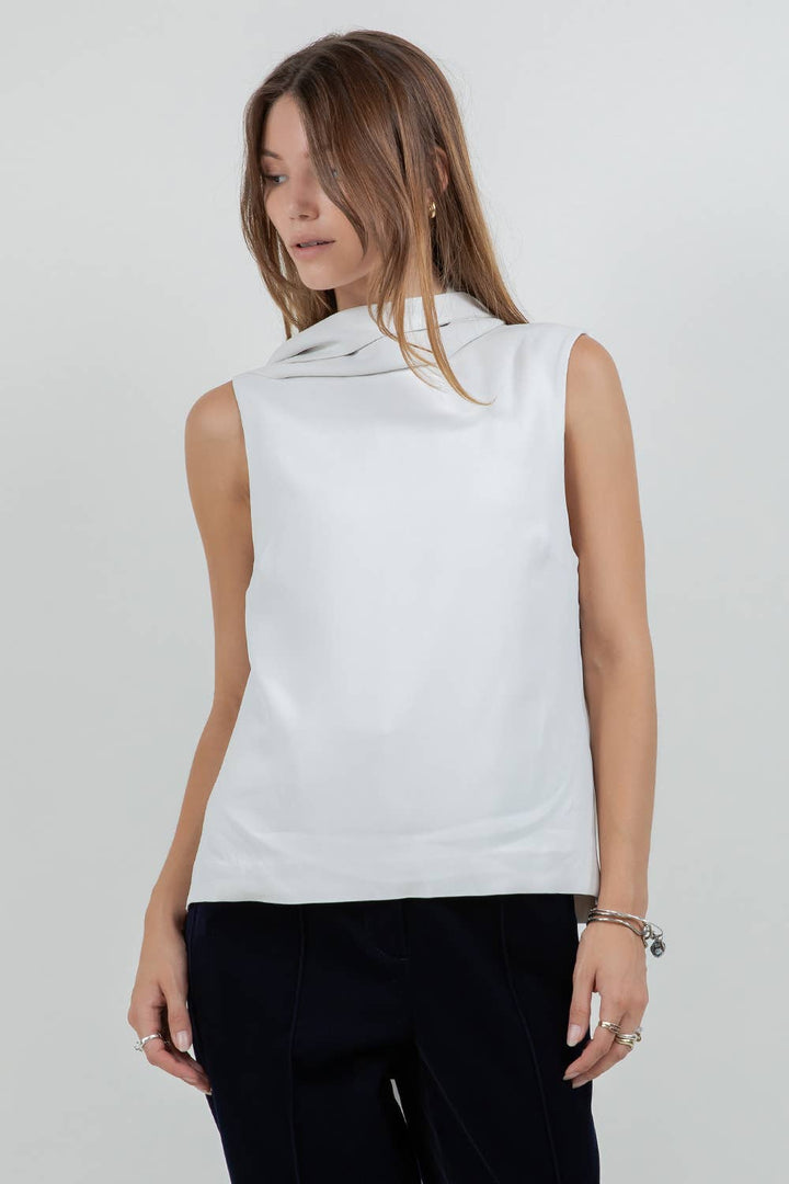 ELEGANCE SCARF ATTACHED SOFT WOVEN SLEEVELESS BLOUSE - STONE