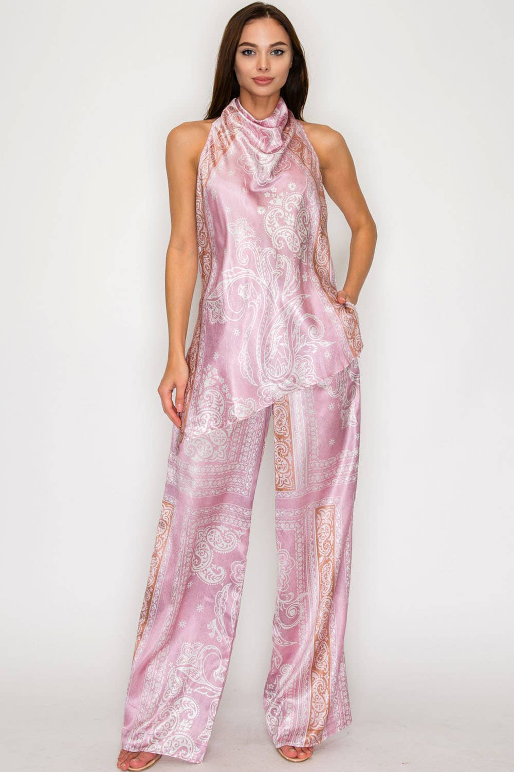 Blue Paisley Halter Top & Wide-Leg Pants Set