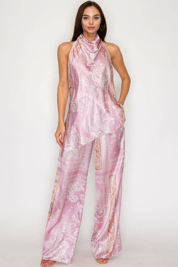 Blue Paisley Halter Top & Wide-Leg Pants Set