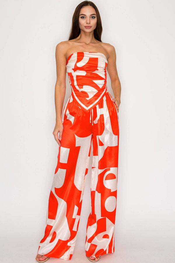 CARMINA SET_STRAPLESS SATIN EFFECT SCARF TOP & PANTS SET