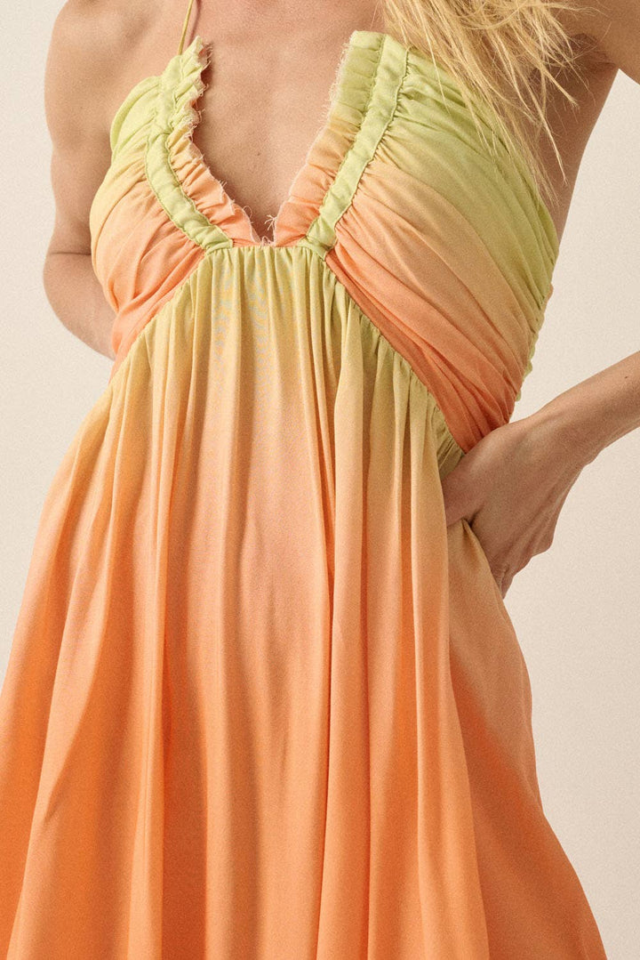 Fresh Ombre Crepe Tie-Back Halter Pocket Maxi Dress