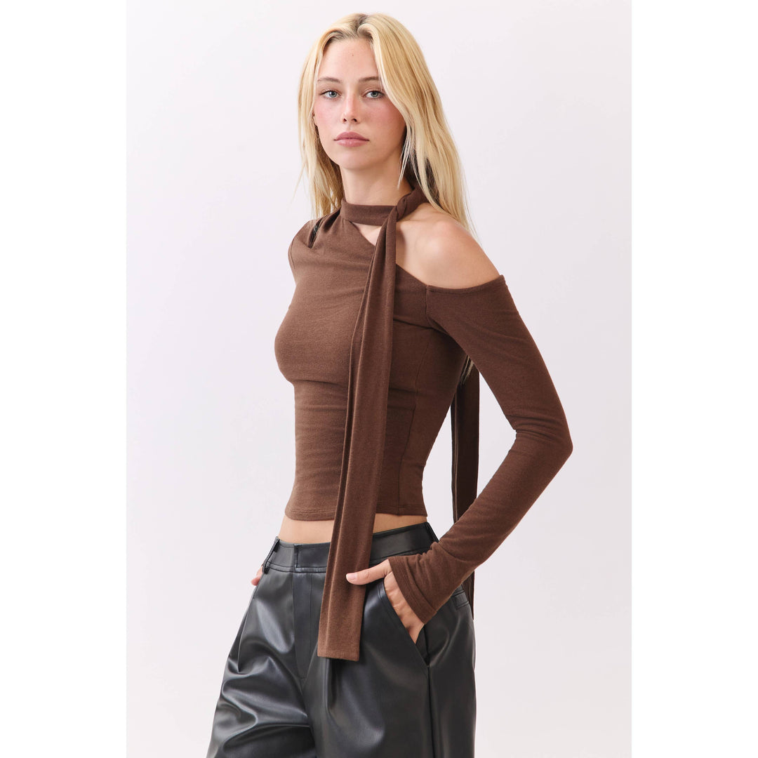 Chocolate Asymmetric Neckline Knit Top
