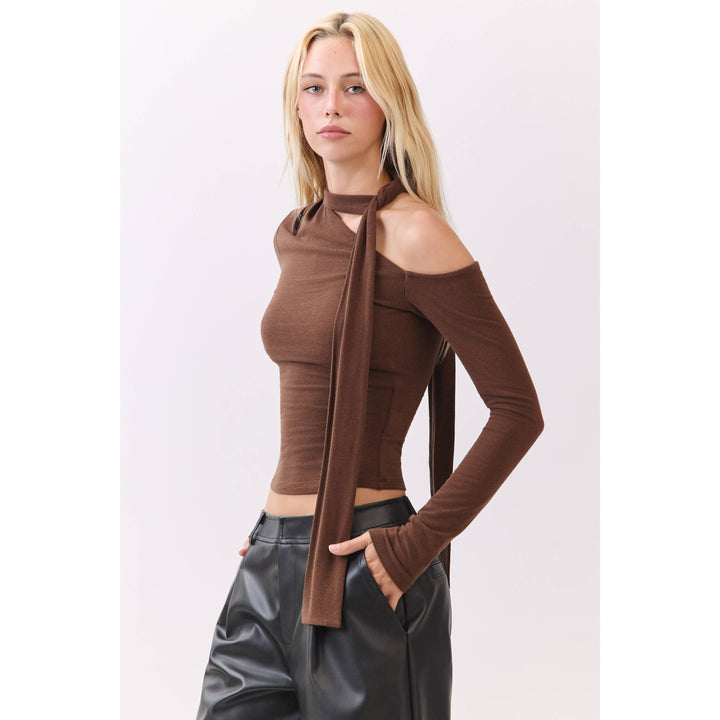 Chocolate Asymmetric Neckline Knit Top