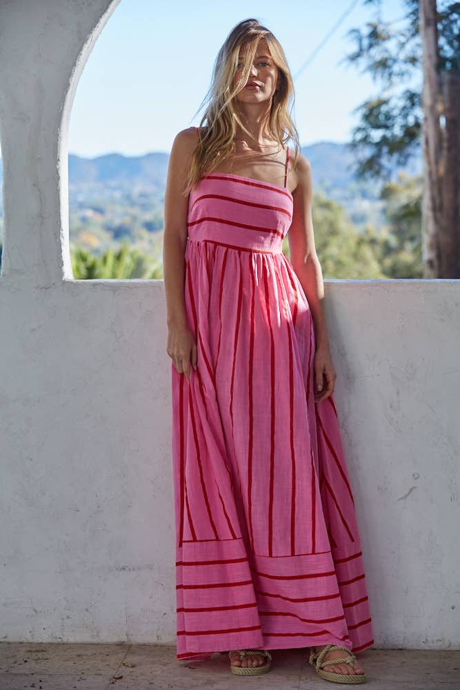 Just Pink Woven Cotton Striped Square Flare Midi Dress