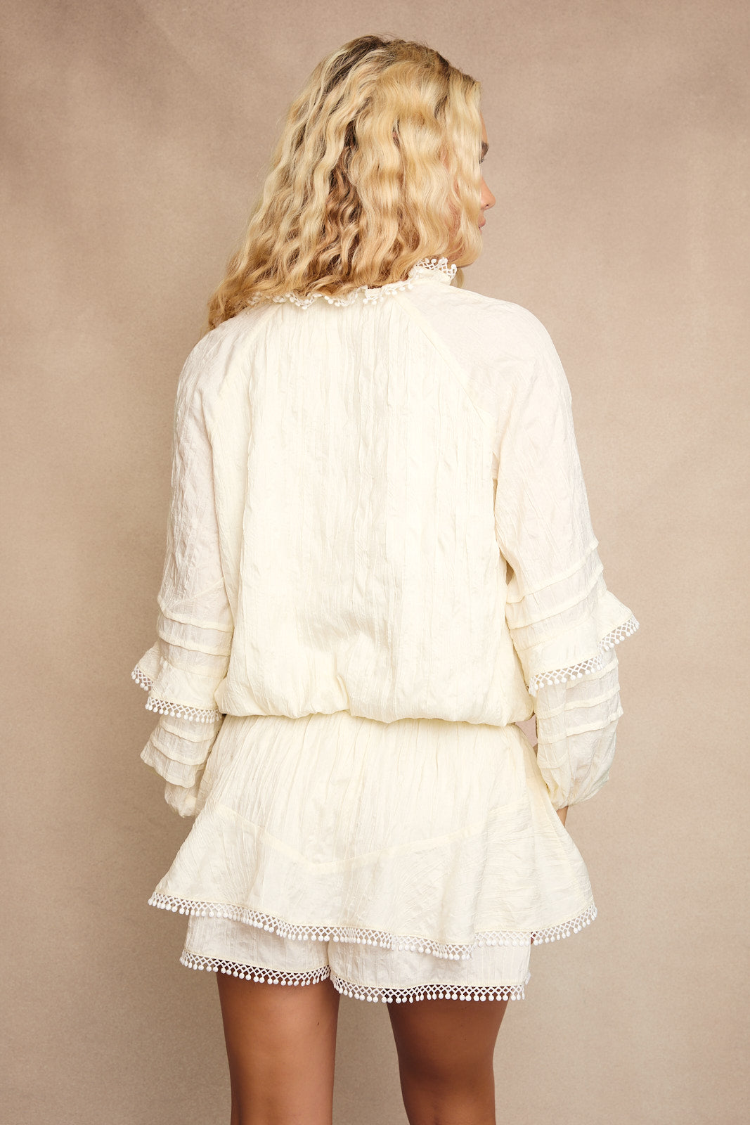 LINDAV-Neck Waist Smocked and Ruffle Detail Romper