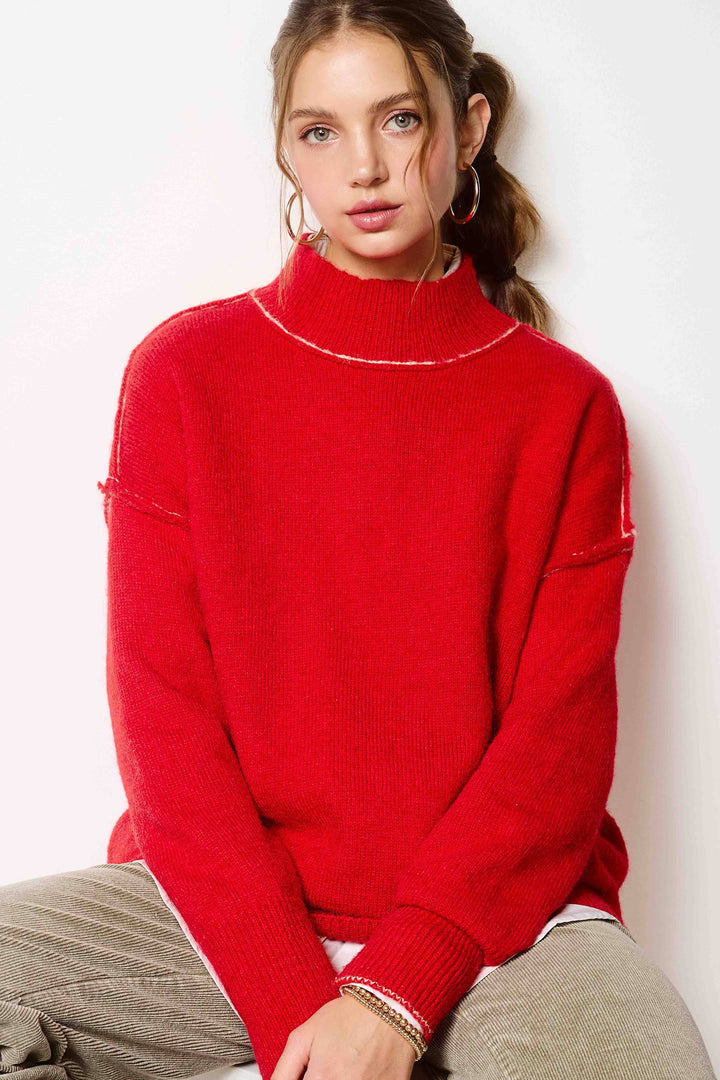 Candy or Pine Loose Fit Mock Neck Exposed Seaming Detailed Sweater