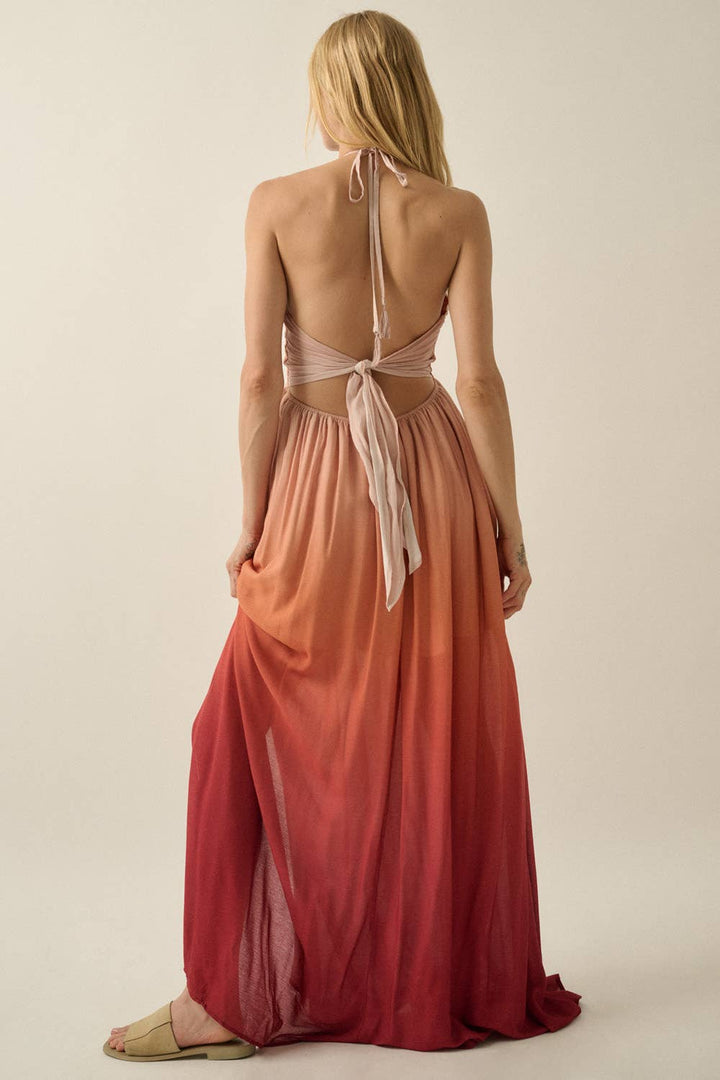 Fresh Ombre Crepe Tie-Back Halter Pocket Maxi Dress