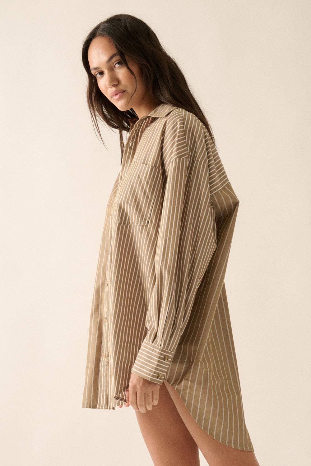 Lia Striped Button-Front Oversized Pocket Shirt Dress