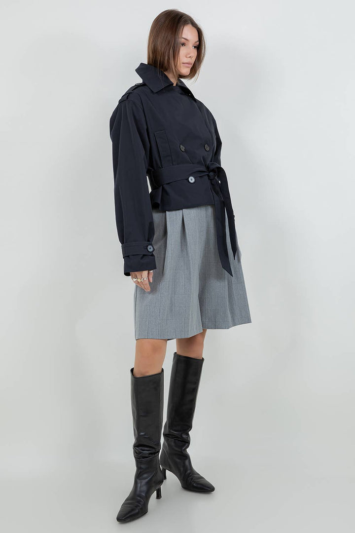 VALENTINA STRUCTURED WOVEN CROPPED TRENCH JACKET - DARK NAVY