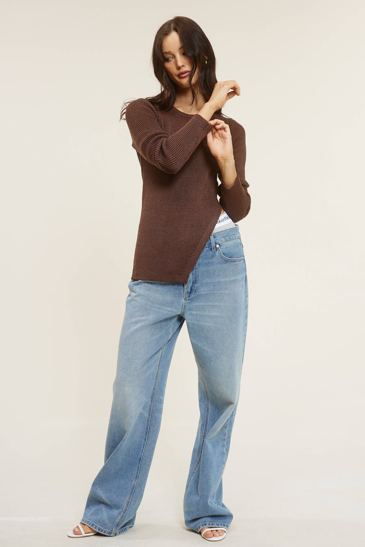Carla Brown Side Slit Long Sleeve Knit Sweater - Knit sweaters