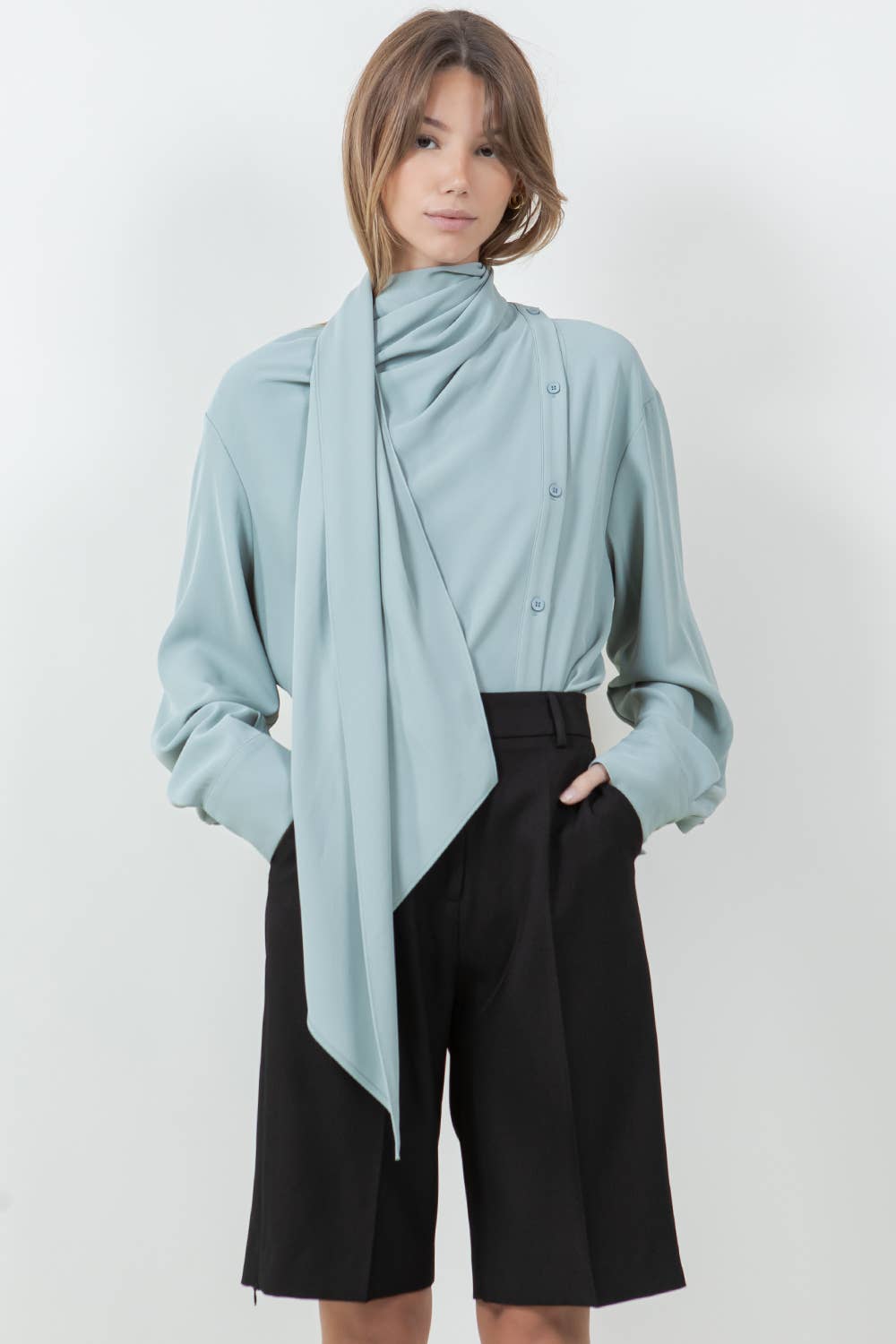 CARTER BUTTON DOWN WRAP SCARF BLOUSE - Dusty Jade / XS