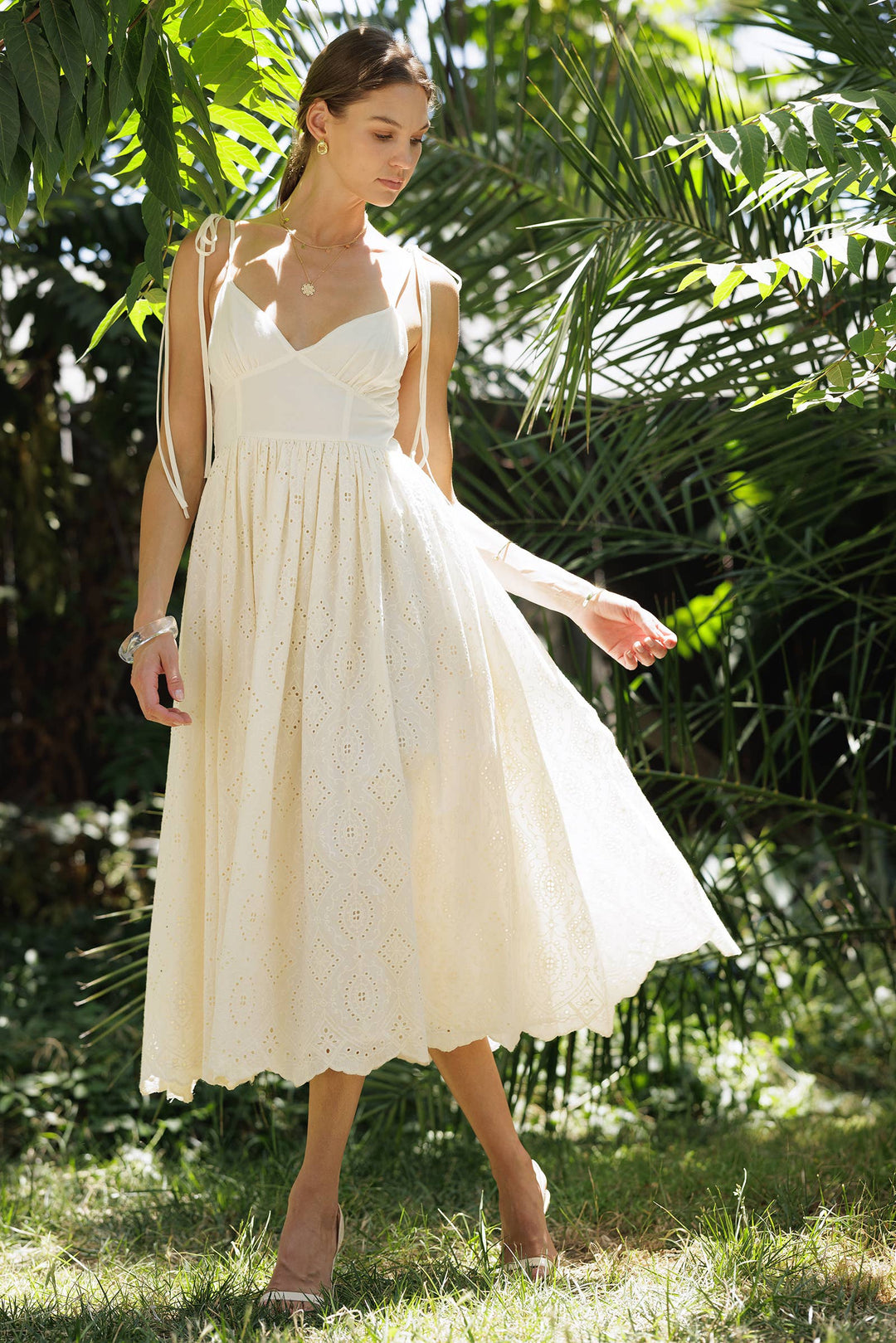 Emily Eyelet Tie-Strap Midi Sun Dress