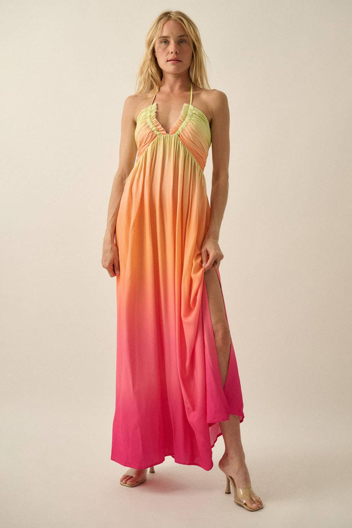 Fresh Ombre Crepe Tie-Back Halter Pocket Maxi Dress