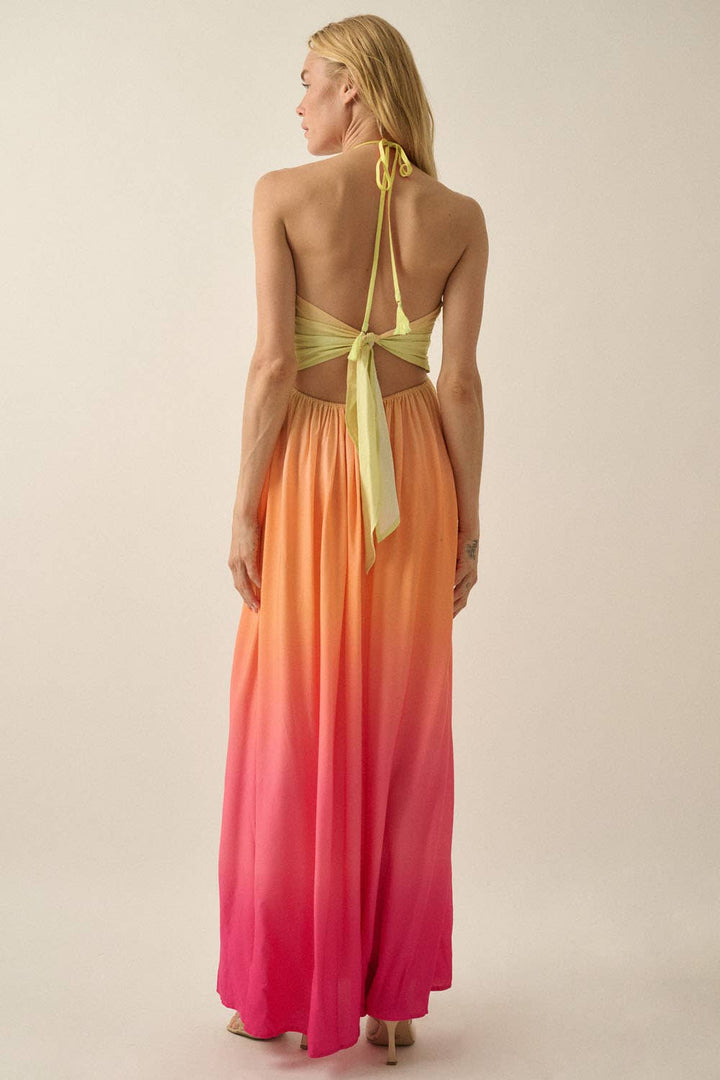 Fresh Ombre Crepe Tie-Back Halter Pocket Maxi Dress