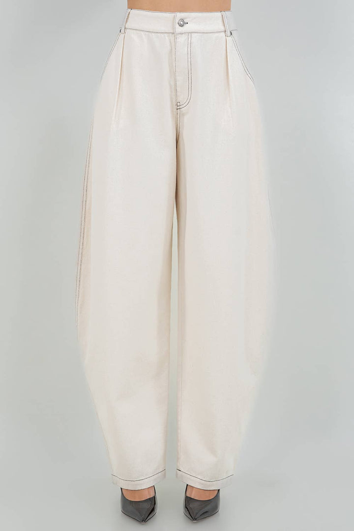 ANGIE SOFT COTTON WASHED BARREL LEG PANTS - OATMEAL