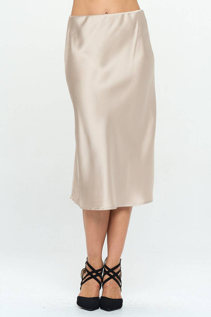 Mirna BeigeSolid Satin Midi Skirt