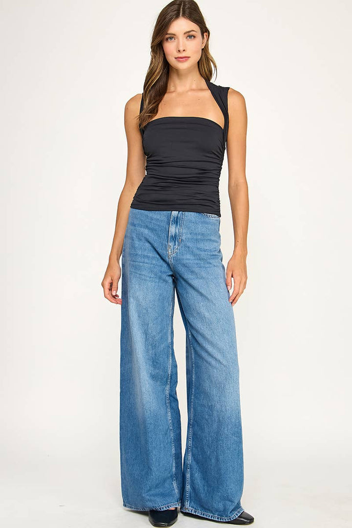 CONTOUR FLOURISH TOP RUCHED SQUARENECK TANK