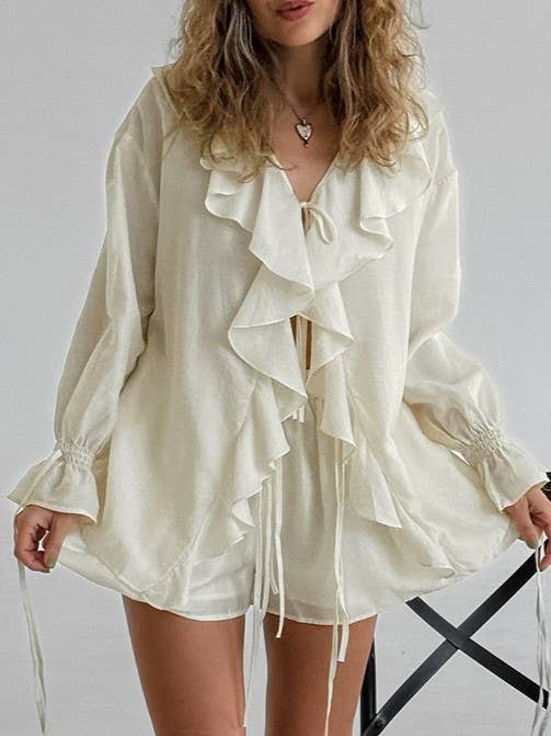 Claire flowy ruffle blouse and short set