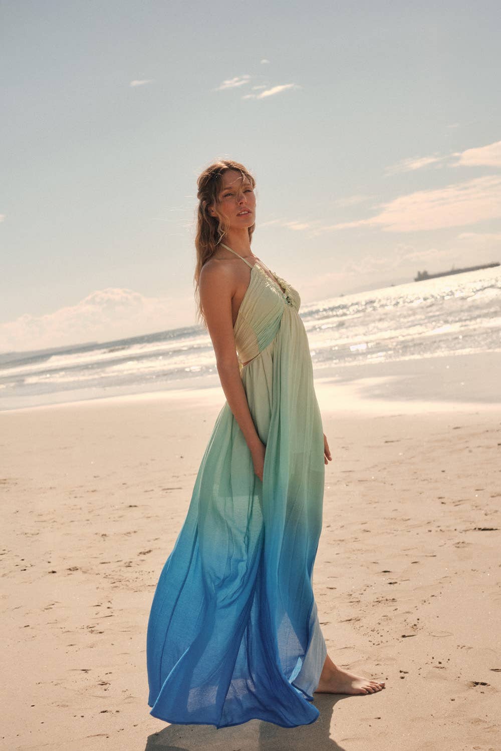 Fresh Ombre Crepe Tie-Back Halter Pocket Maxi Dress