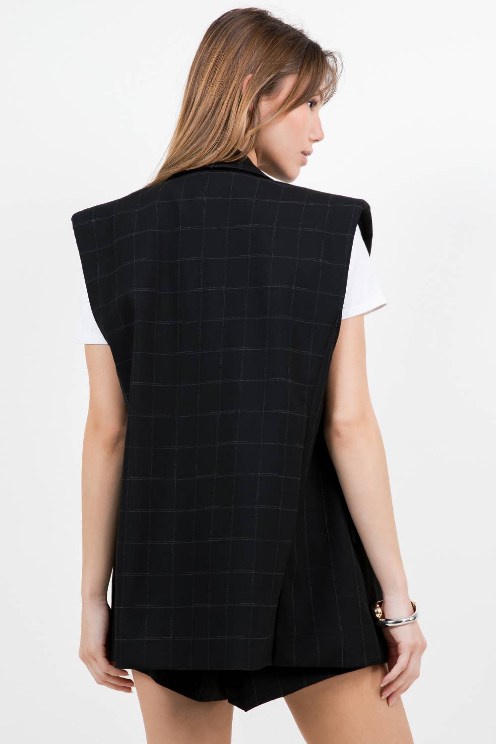 MINERVA  SHOULDER PADDED STRUCTURED WOVEN JACKET VEST - BLACK