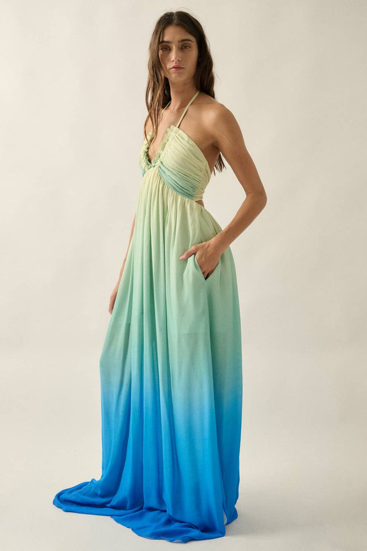 Fresh Ombre Crepe Tie-Back Halter Pocket Maxi Dress