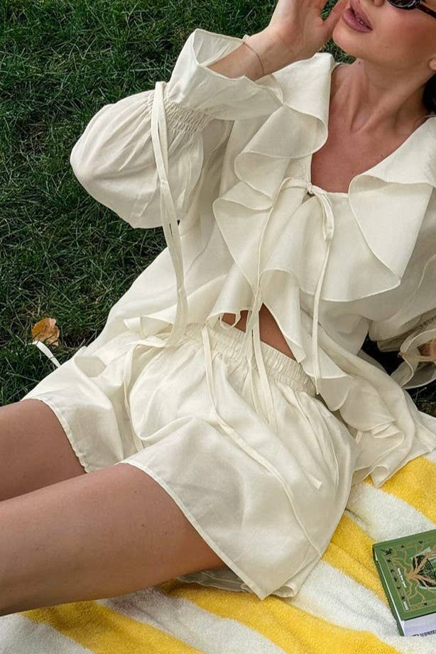 Claire flowy ruffle blouse and short set