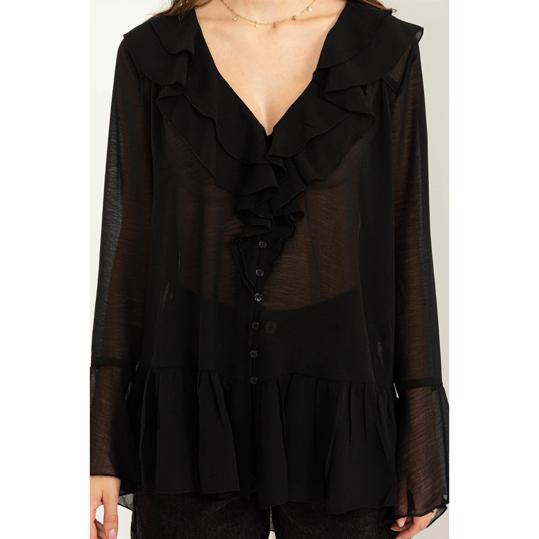 LUISA  BLACK  RUFFLED BUTTON-FRONT SHEER TUNIC TOP