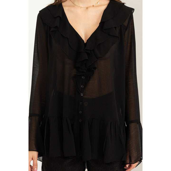 LUISA  BLACK  RUFFLED BUTTON-FRONT SHEER TUNIC TOP