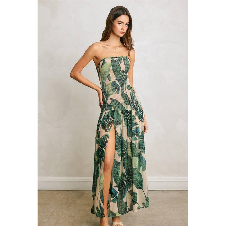 Tropical Palm Strapless Drop Waist Smocked Dress