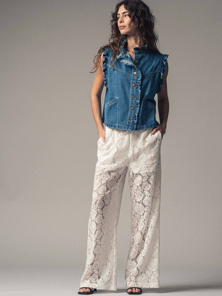 Victoria Ruffle Trim Denim Vest with High Collar