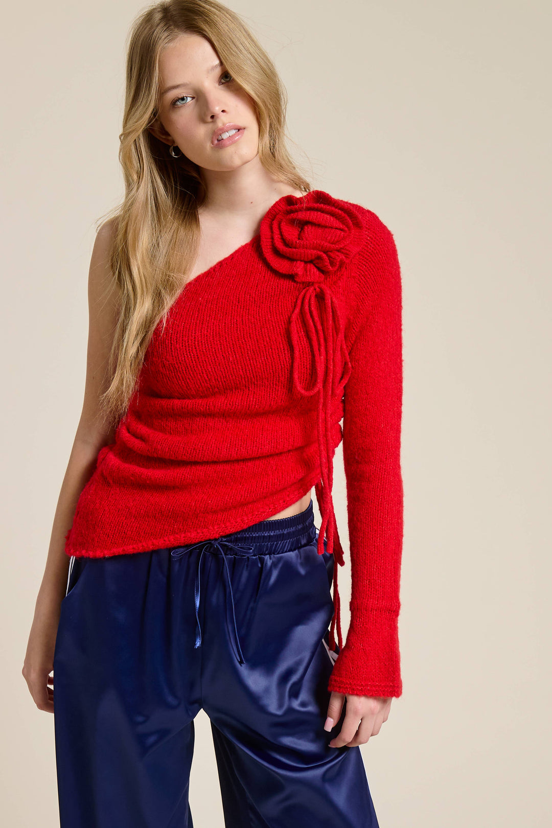 Daila One Shoulder Floral Embellishment Knit Top