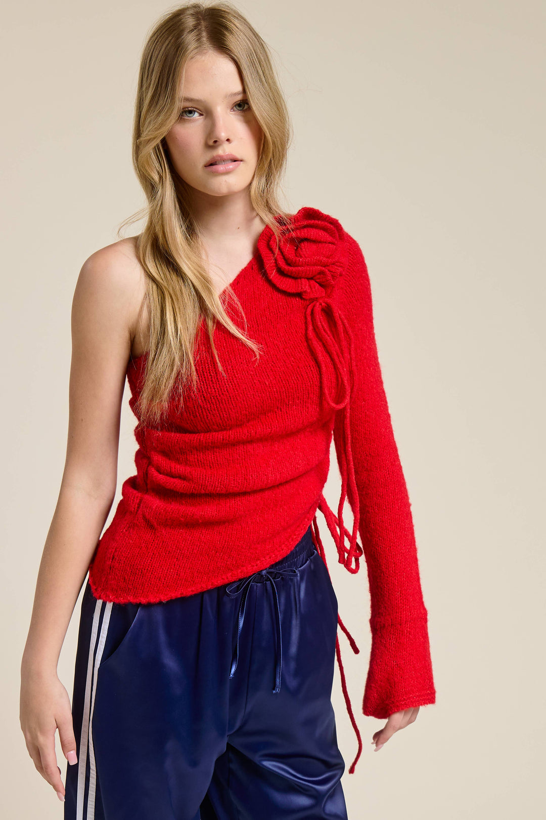 Daila One Shoulder Floral Embellishment Knit Top