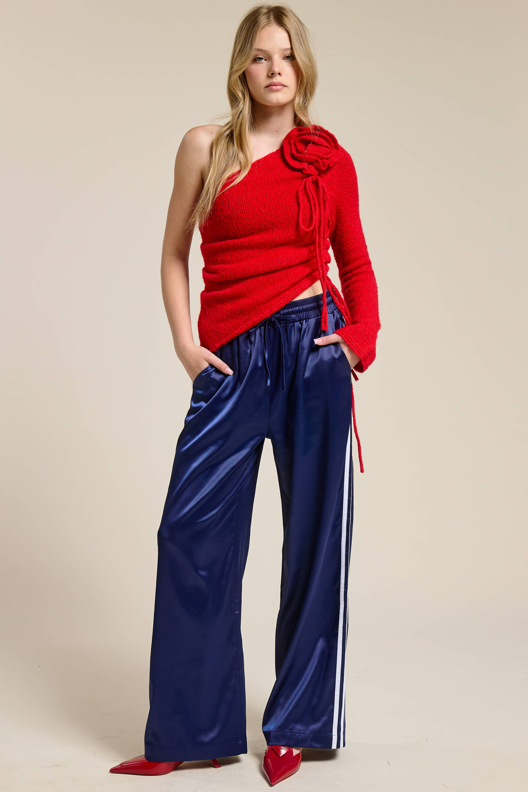 Daila One Shoulder Floral Embellishment Knit Top