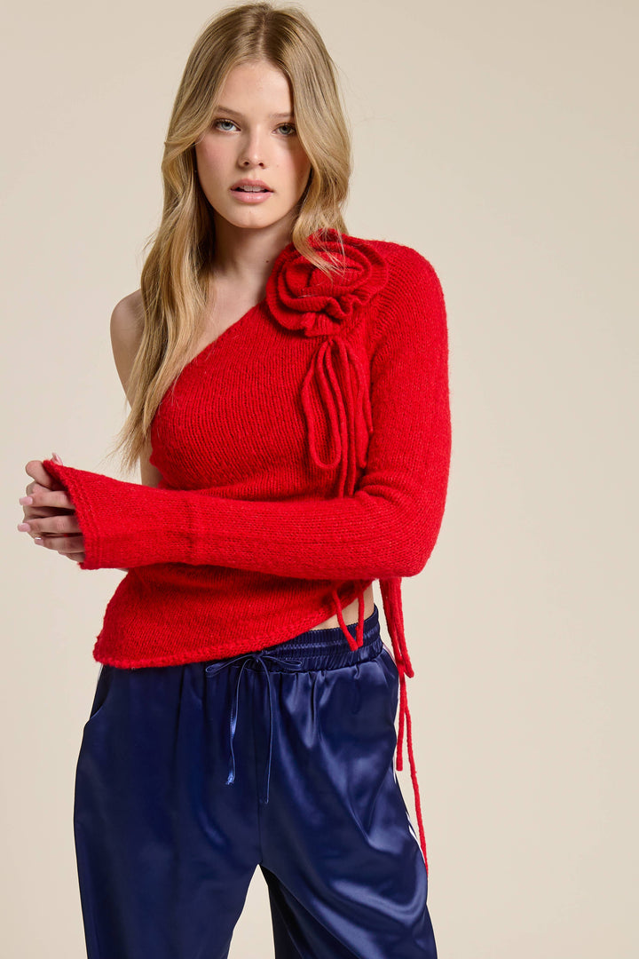 Daila One Shoulder Floral Embellishment Knit Top