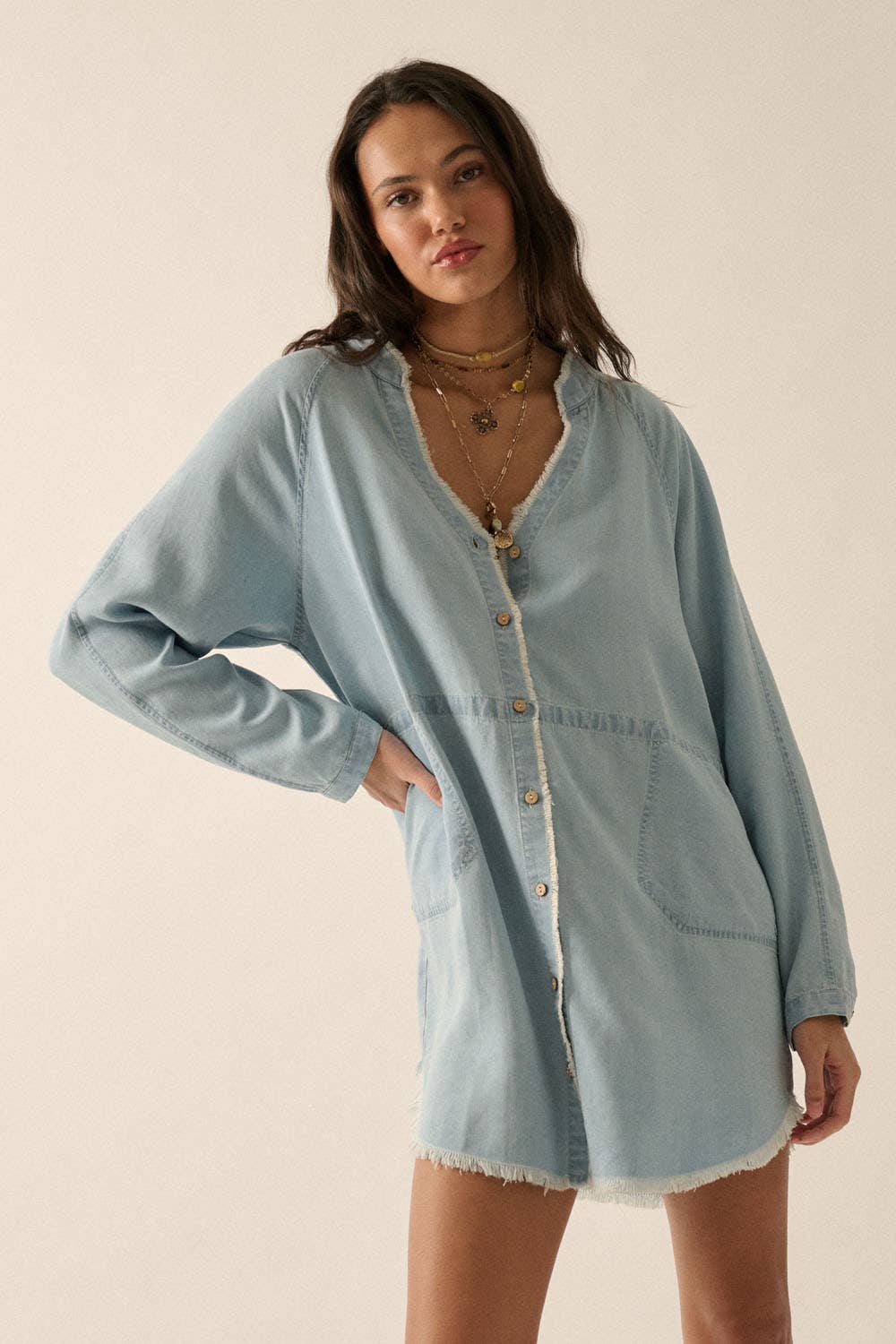 Gabby V-Neck Solid Denim Mini Dress