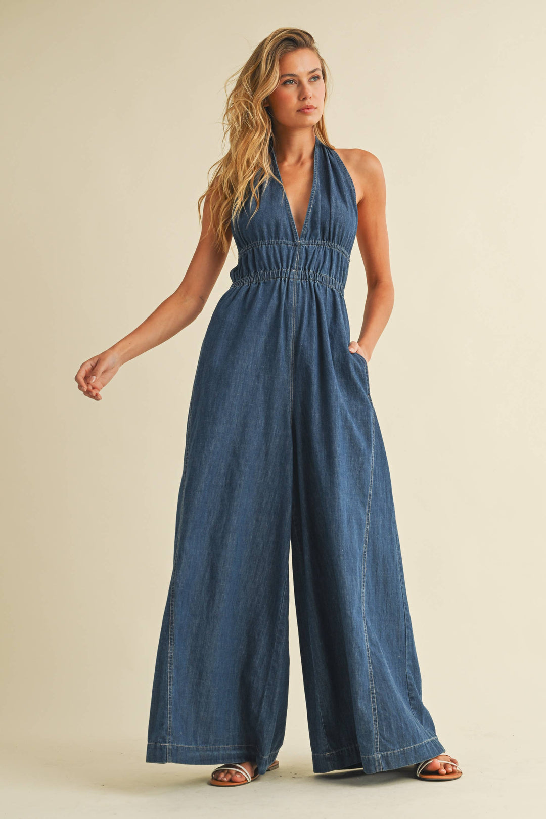 DENIM HALTER WIDE LEG JUMPSUIT - jumpsuits & rompers