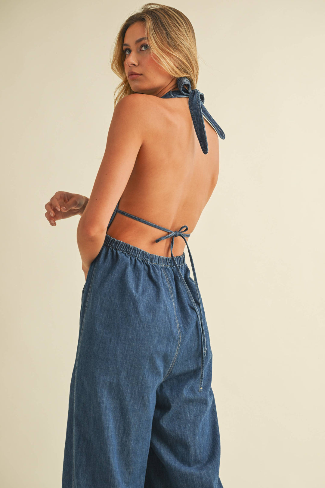 DENIM HALTER WIDE LEG JUMPSUIT - jumpsuits & rompers