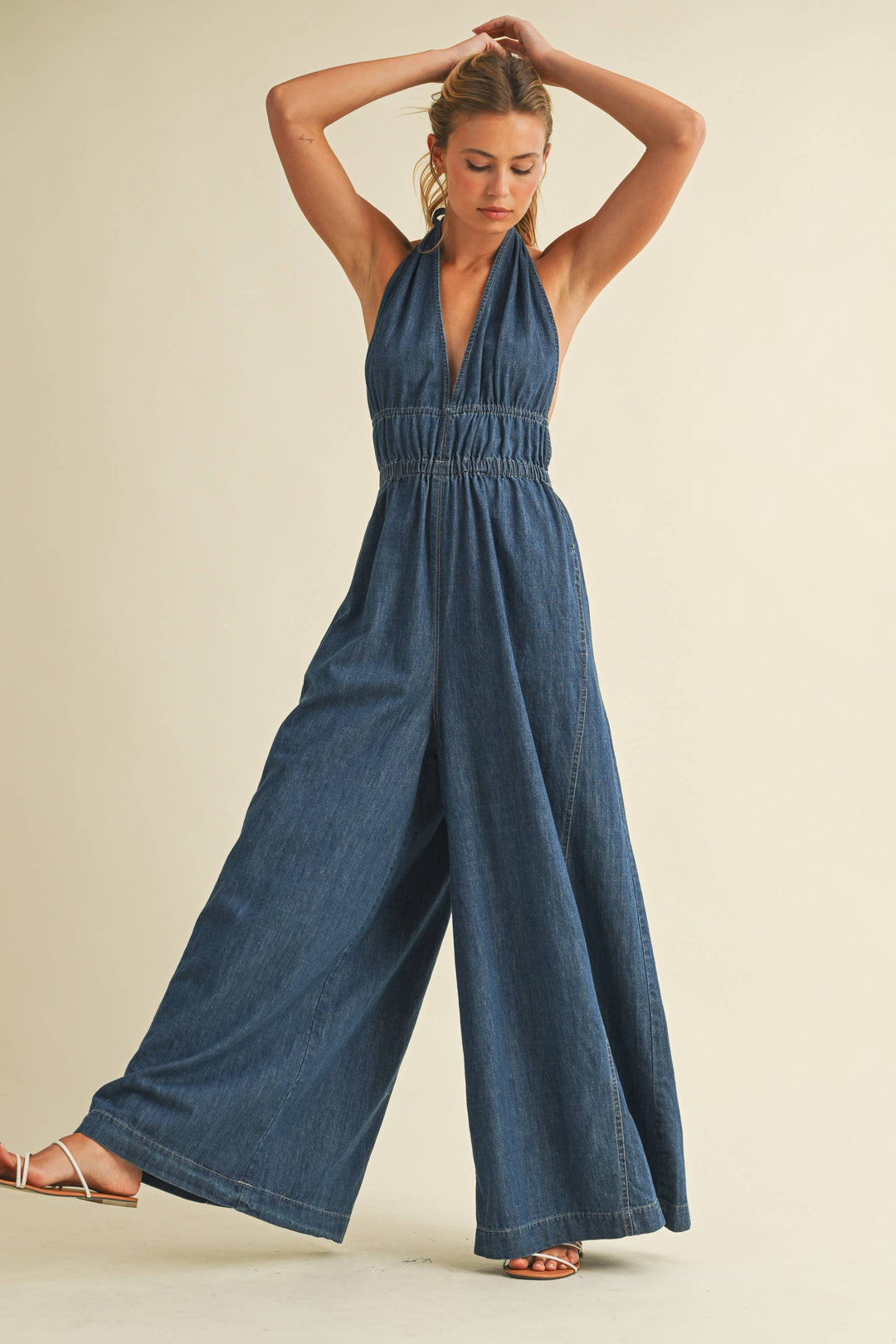 DENIM HALTER WIDE LEG JUMPSUIT - jumpsuits & rompers