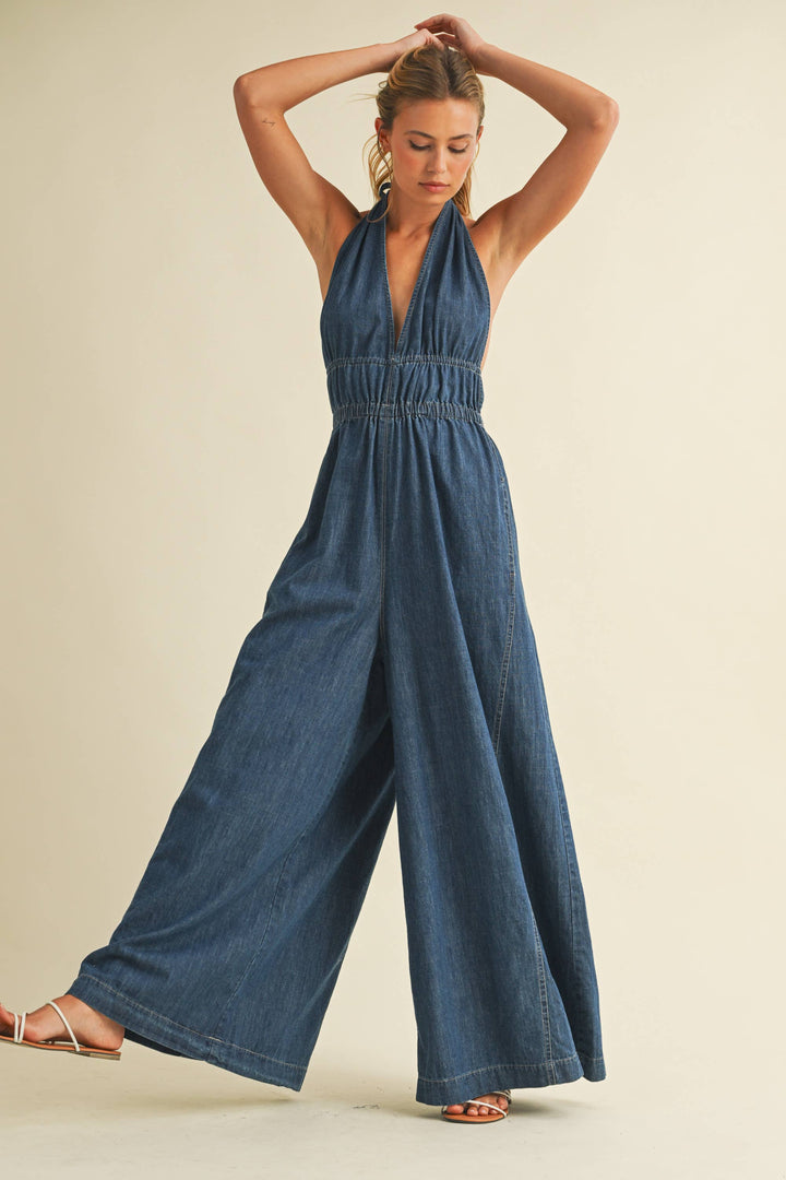 DENIM HALTER WIDE LEG JUMPSUIT - jumpsuits & rompers