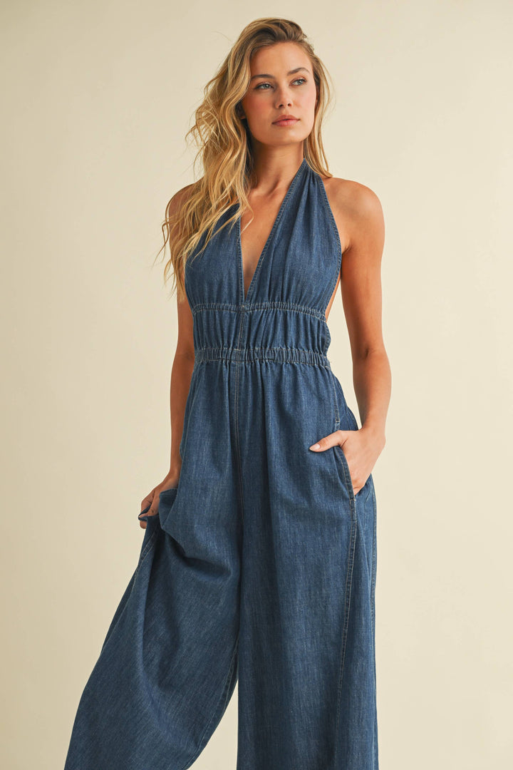 DENIM HALTER WIDE LEG JUMPSUIT - jumpsuits & rompers