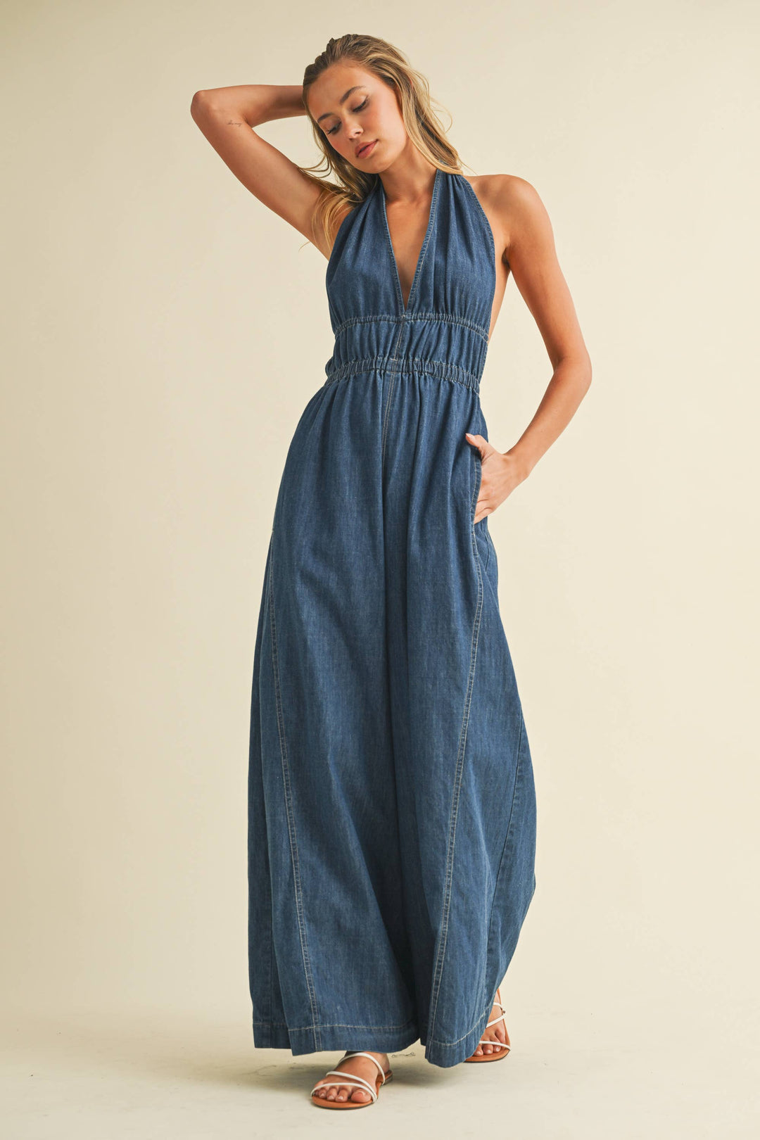 DENIM HALTER WIDE LEG JUMPSUIT - jumpsuits & rompers