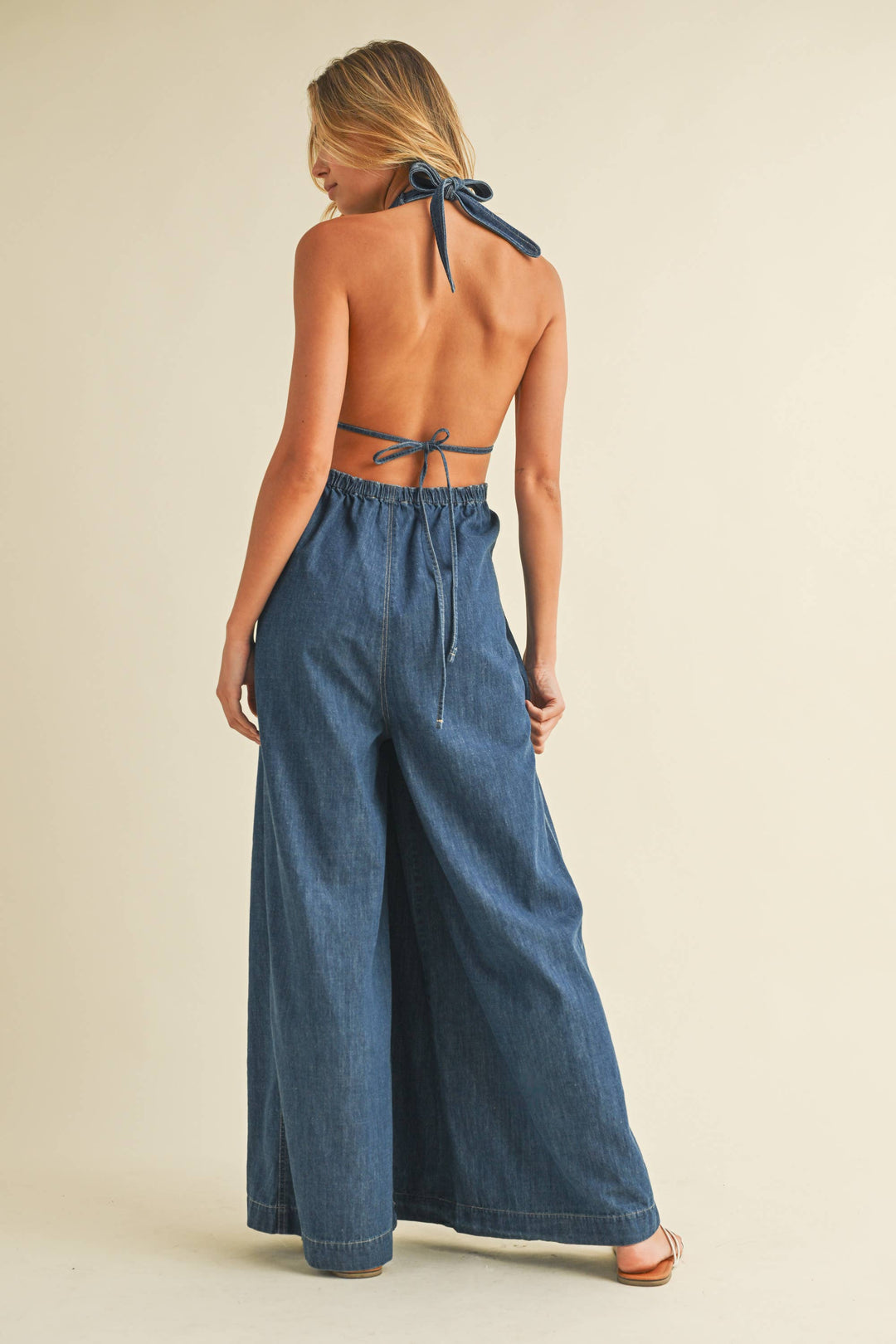 DENIM HALTER WIDE LEG JUMPSUIT - jumpsuits & rompers