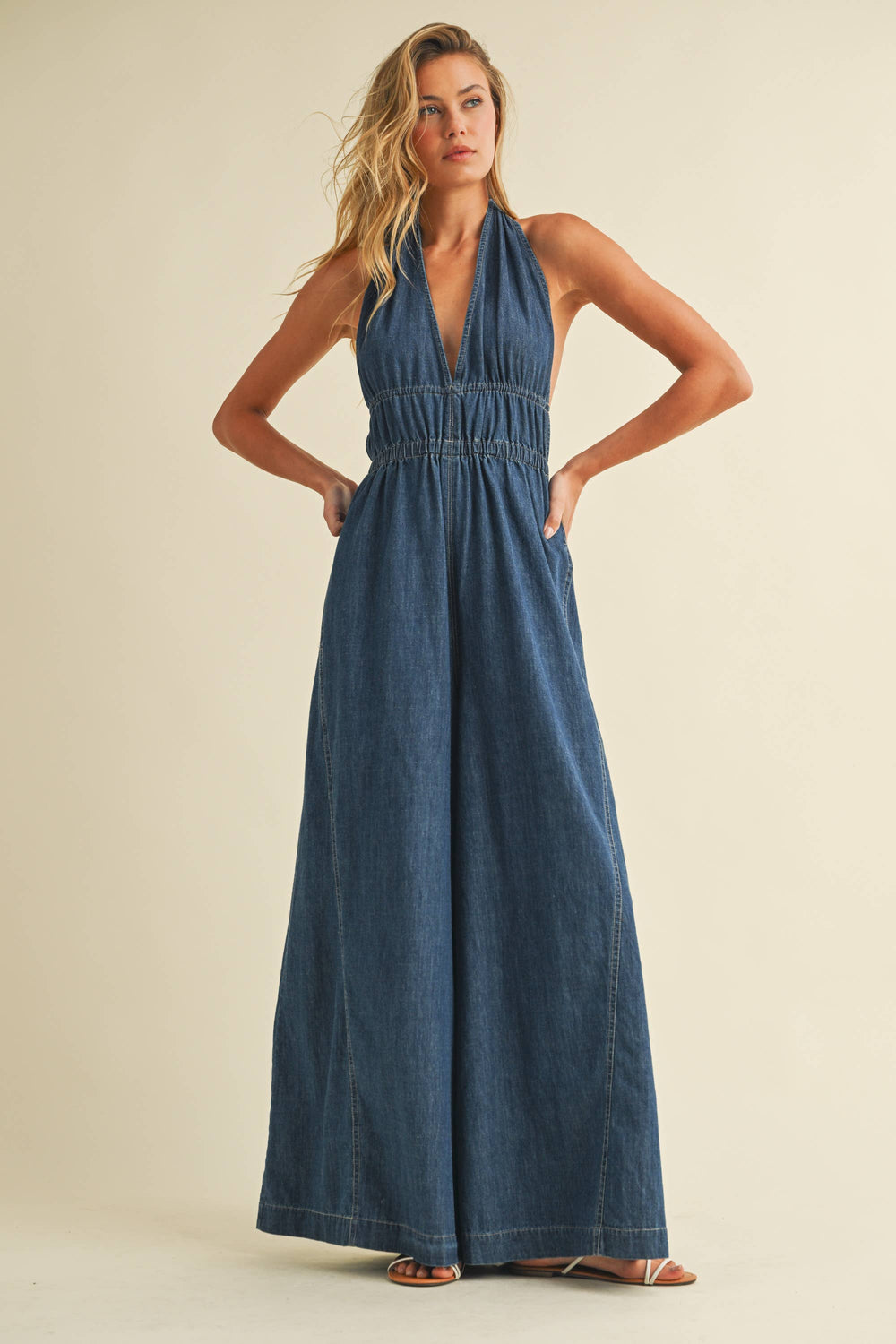 DENIM HALTER WIDE LEG JUMPSUIT - jumpsuits & rompers